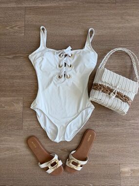 MK White Lace-Up One-Piece Swimsuit